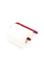 Load image into Gallery viewer, Deep red toilet paper holder with ice blue screws