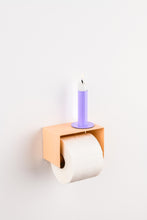 Charger l'image dans la galerie, salmon pink toilet paper holder in nice design where you can put things on top like a phone or candle or some small accessories.  Here with a purple candle on top
