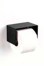 Charger l'image dans la galerie, black toilet paper holder, sleek  minimalist design. Made from powder coated stainless steel. black toilet paper holder in nice design where you can put things on top like a phone or candle or some small accessories.