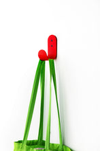 Load image into Gallery viewer, red wall hook with green tote bag