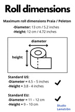 Load image into Gallery viewer, Standard dimensions toilet paper in the US and Europe:

Standard US roll size
Diameter = 4.5 – 5 inches
Height = 3.8 - 4 inches

Standard EU roll size:
Diameter = 11 – 12 cm
Height =  9 – 10 cm 

