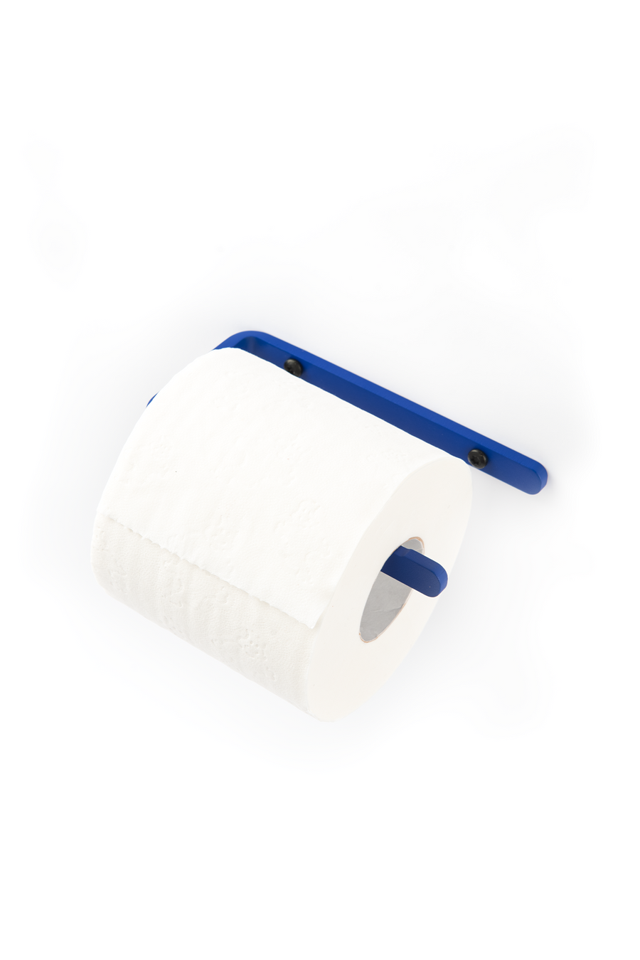 deep blue toilet paper holder with black screws