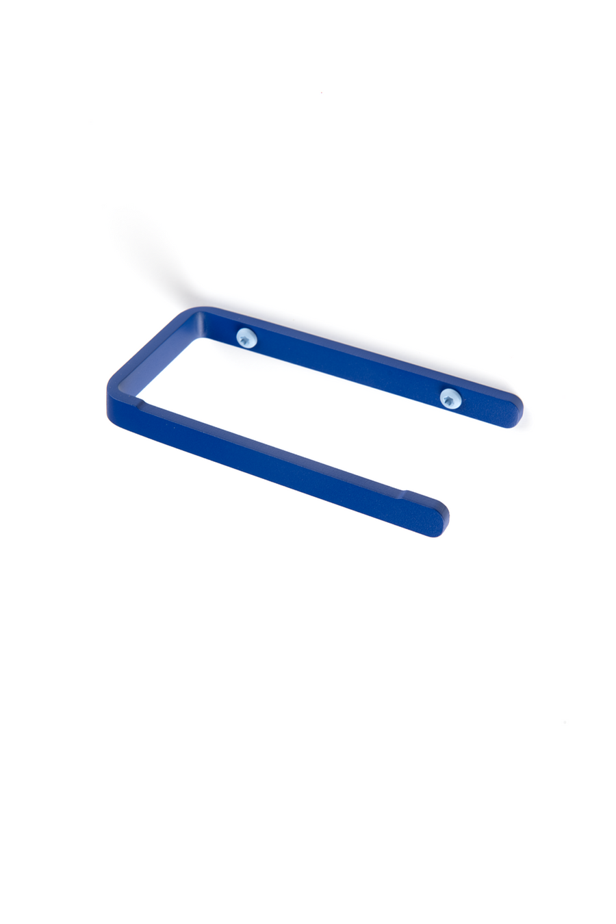 deep blue toilet paper holder with ice blue screws