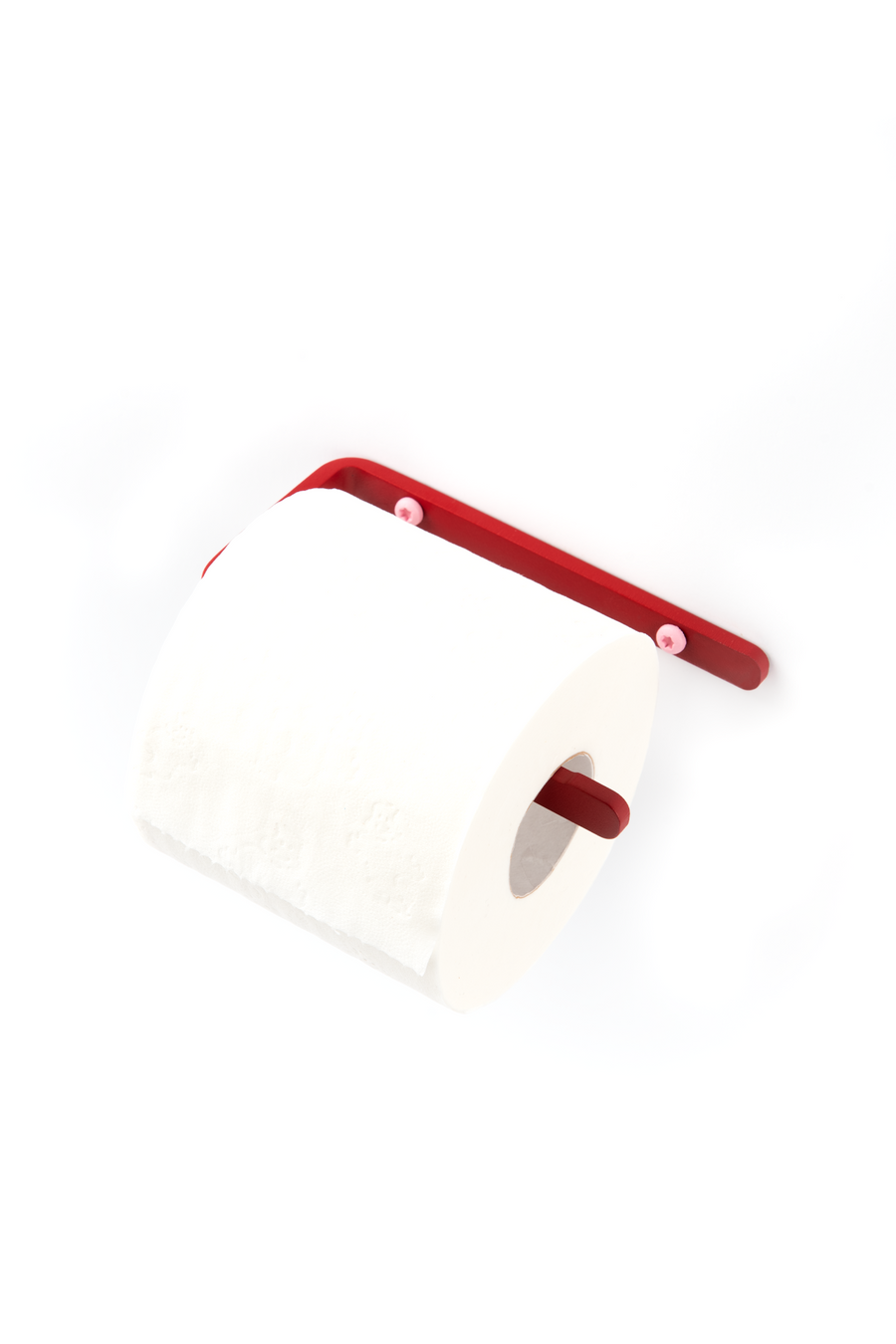Deep red toilet paper holder with pink screws