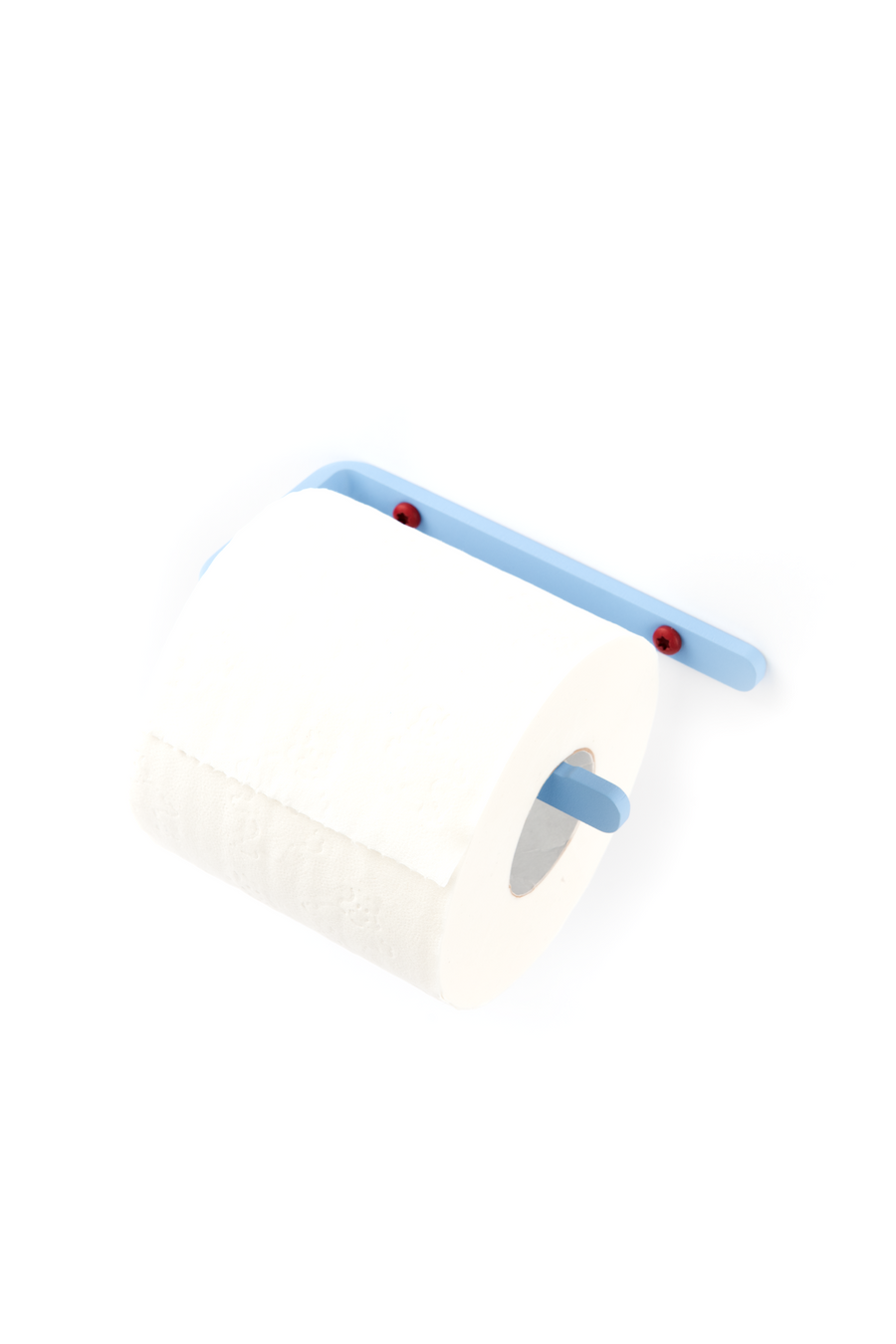 Ice blue toilet paper holder with deep red screws