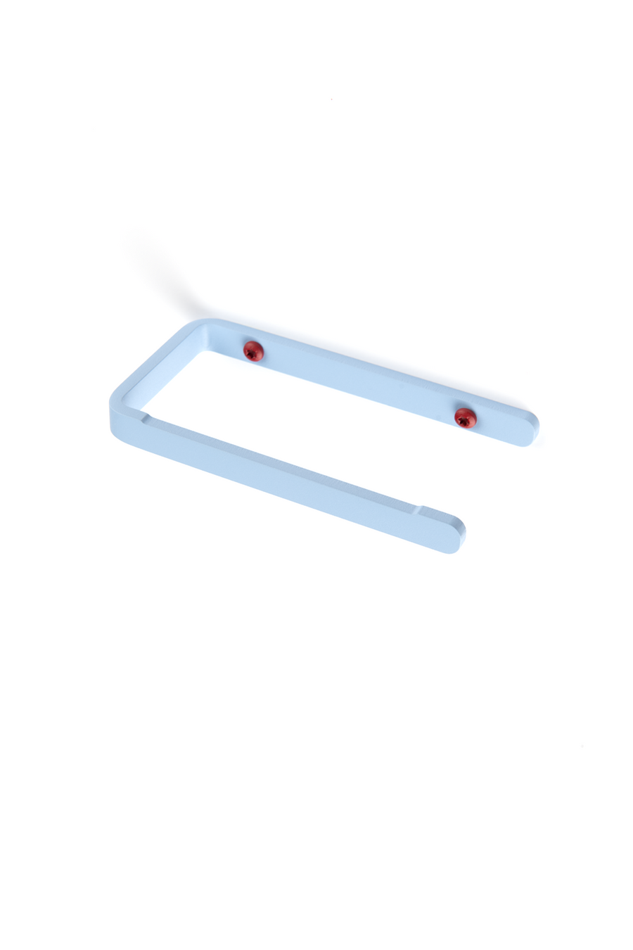 Ice blue toilet paper holder with deep red screws