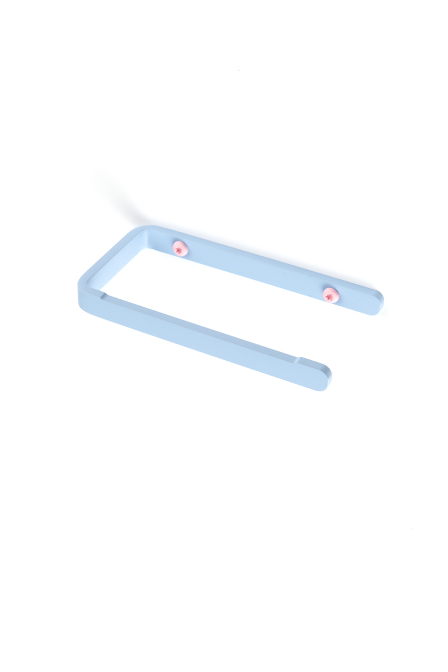 Ice blue toilet paper holder with pink screws