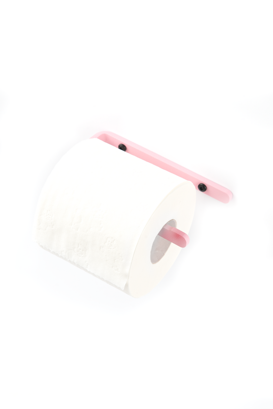 Pink toilet paper holder with black screws