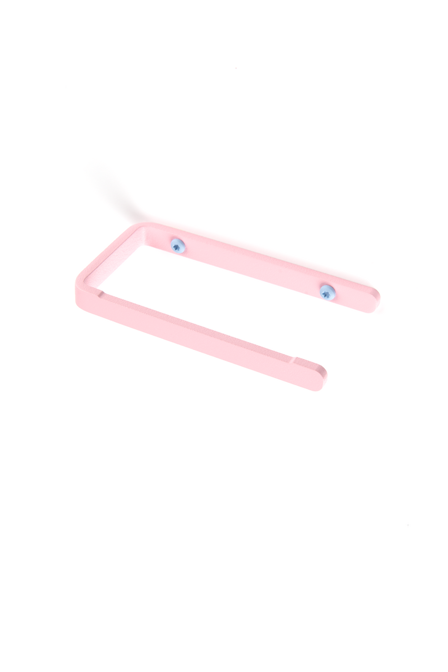 Pink toilet paper holder with light blue screws