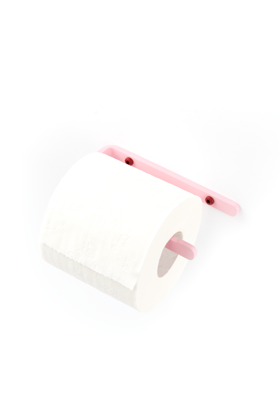 Pink toilet paper holder with deep red screws