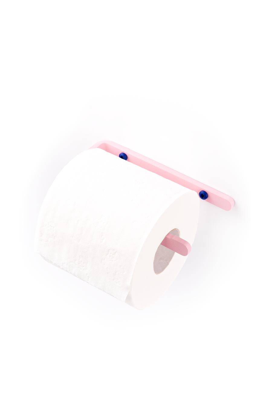 Pink toilet paper holder with deep blue screws