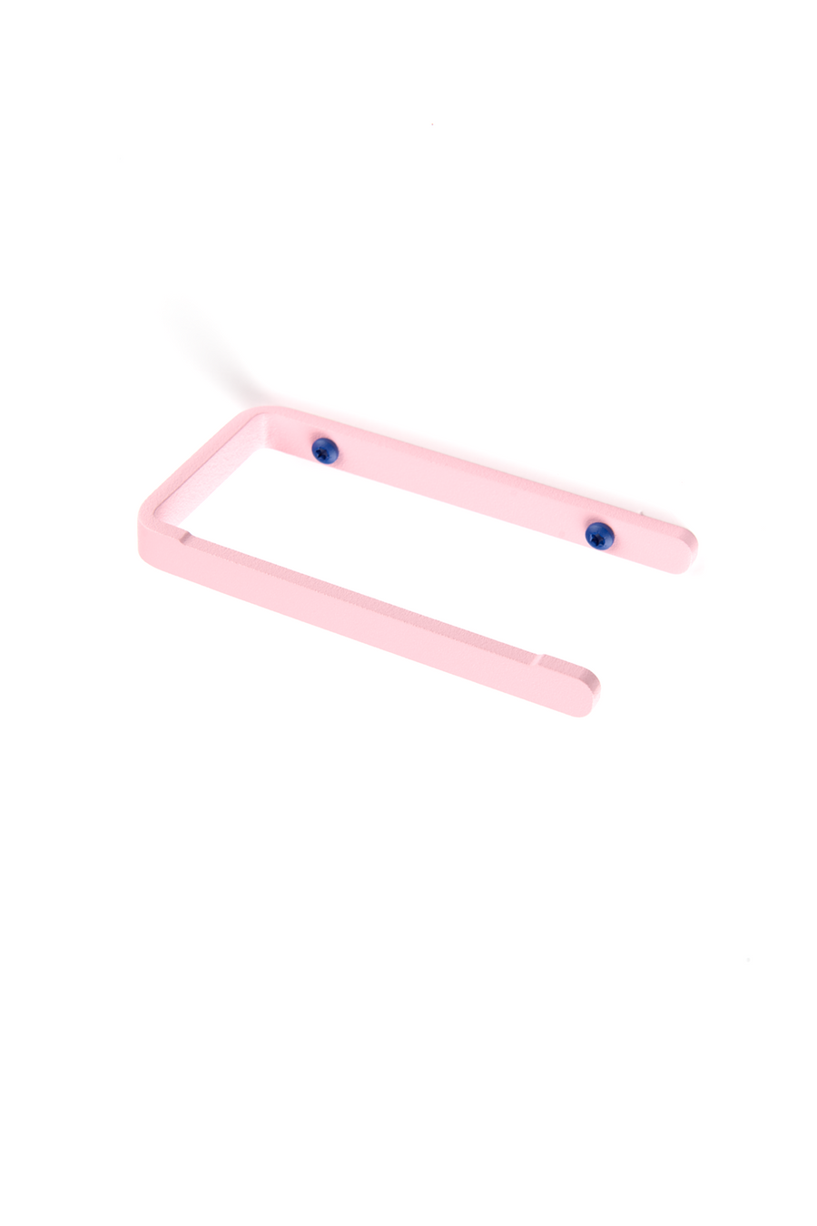 Pink toilet paper holder with deep blue screws