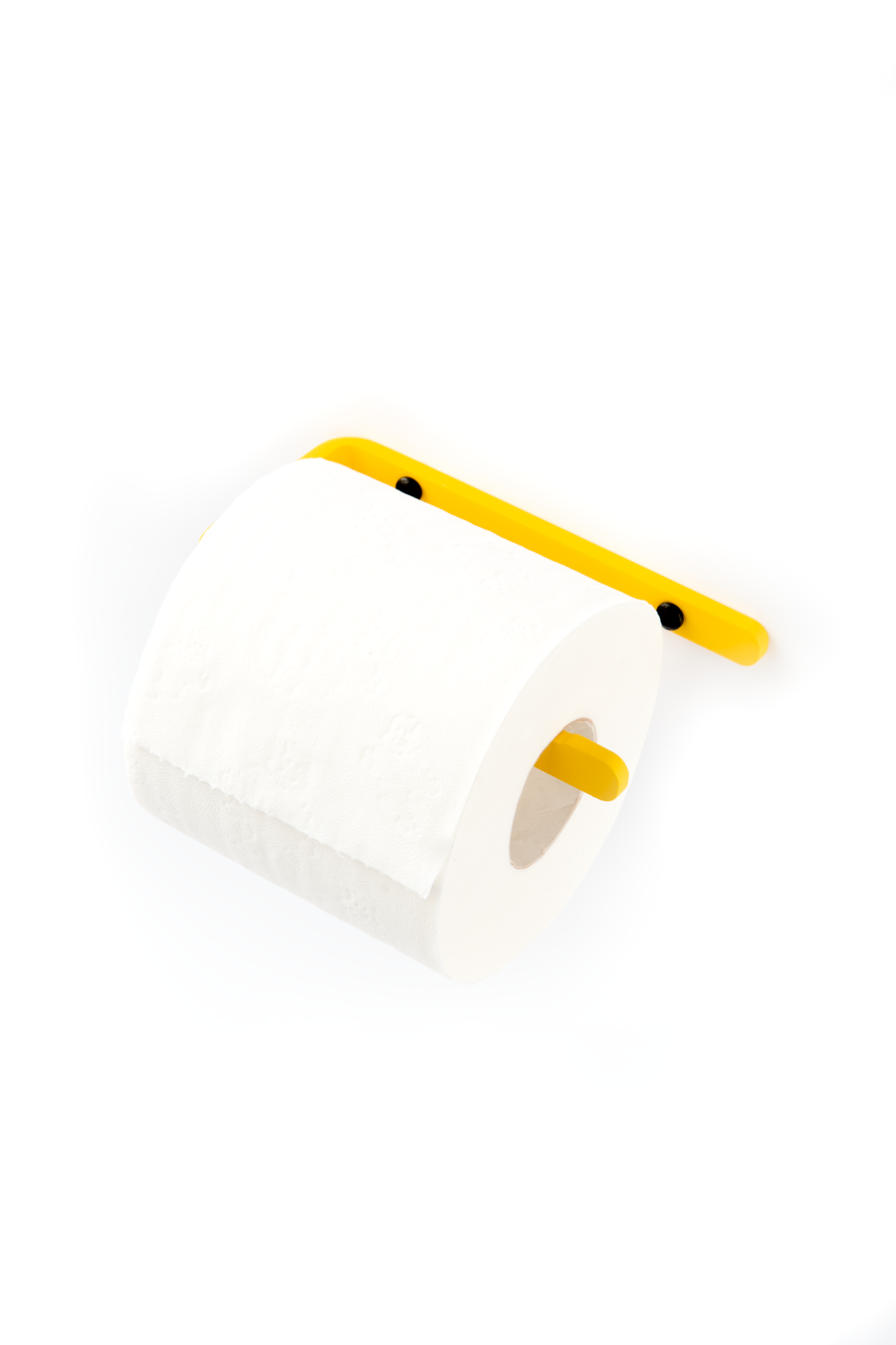 yellow toilet paper holder with black screws