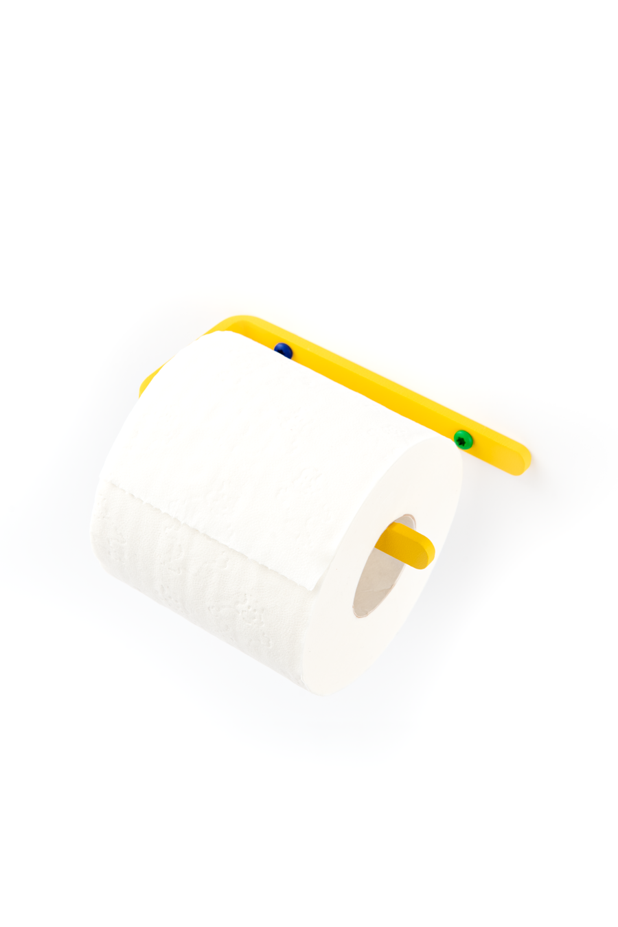 yellow toilet paper holder with a green and deep blue screw detail