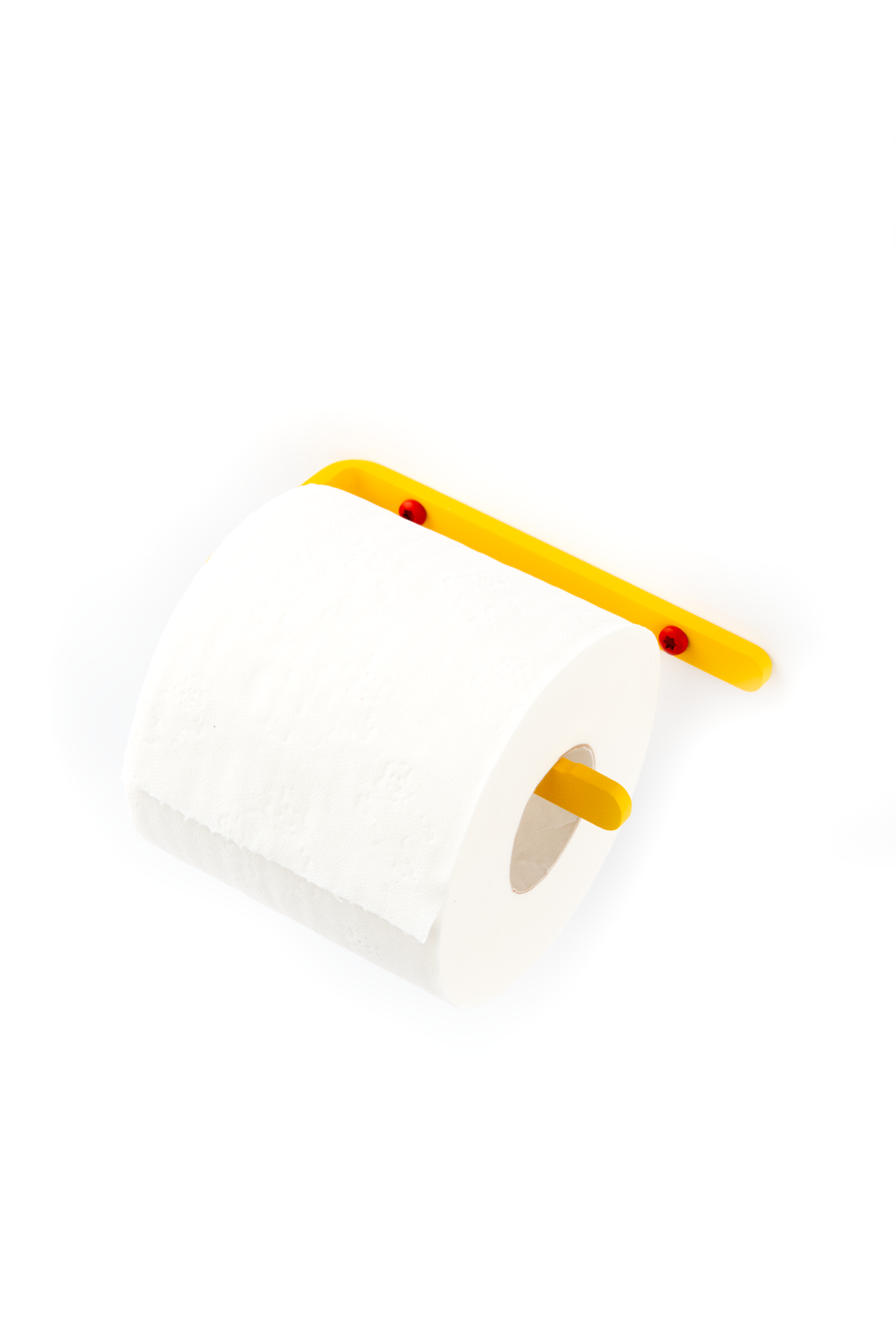 yellow toilet paper holder with red screws