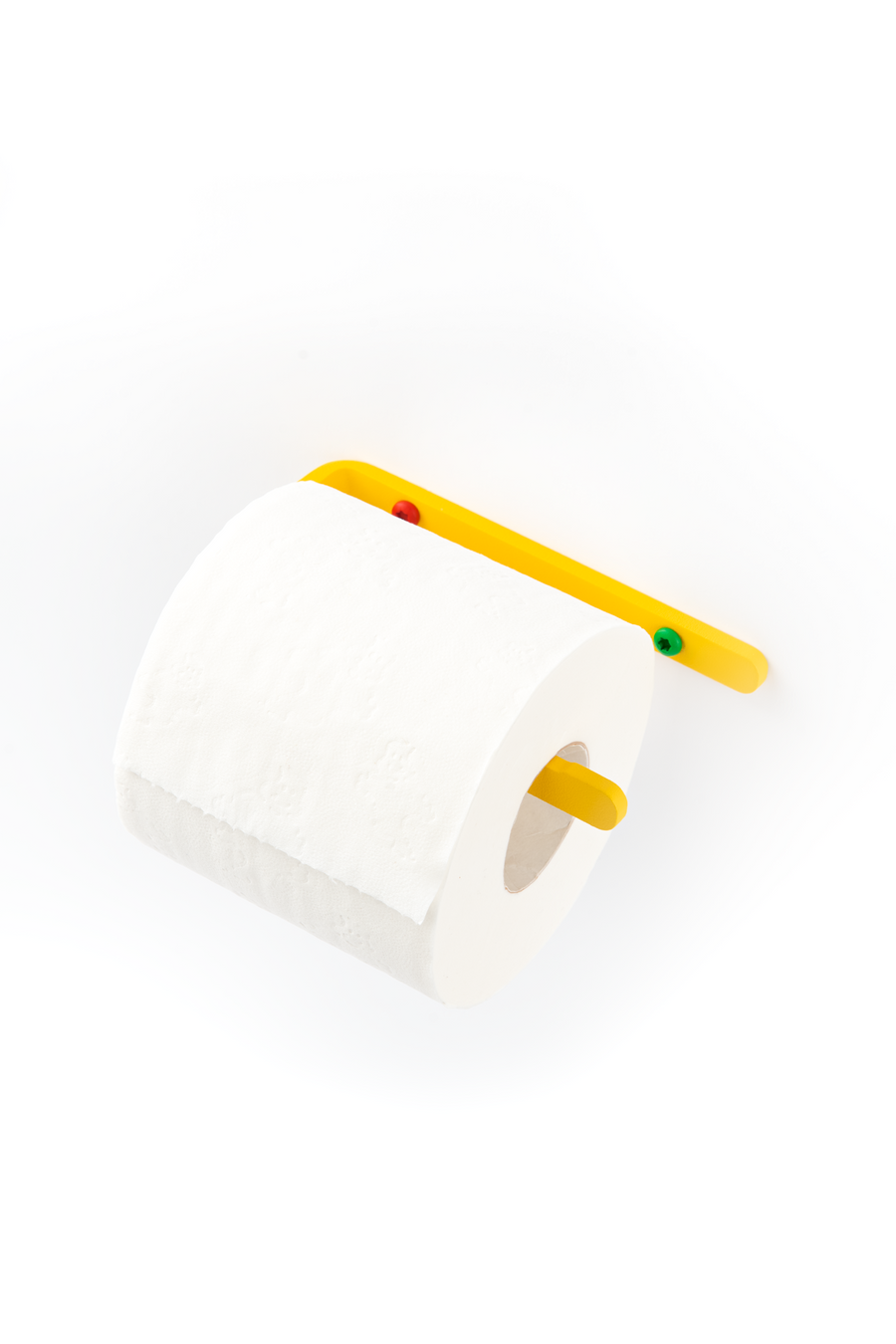 yellow toilet paper holder with red and green screw detail
