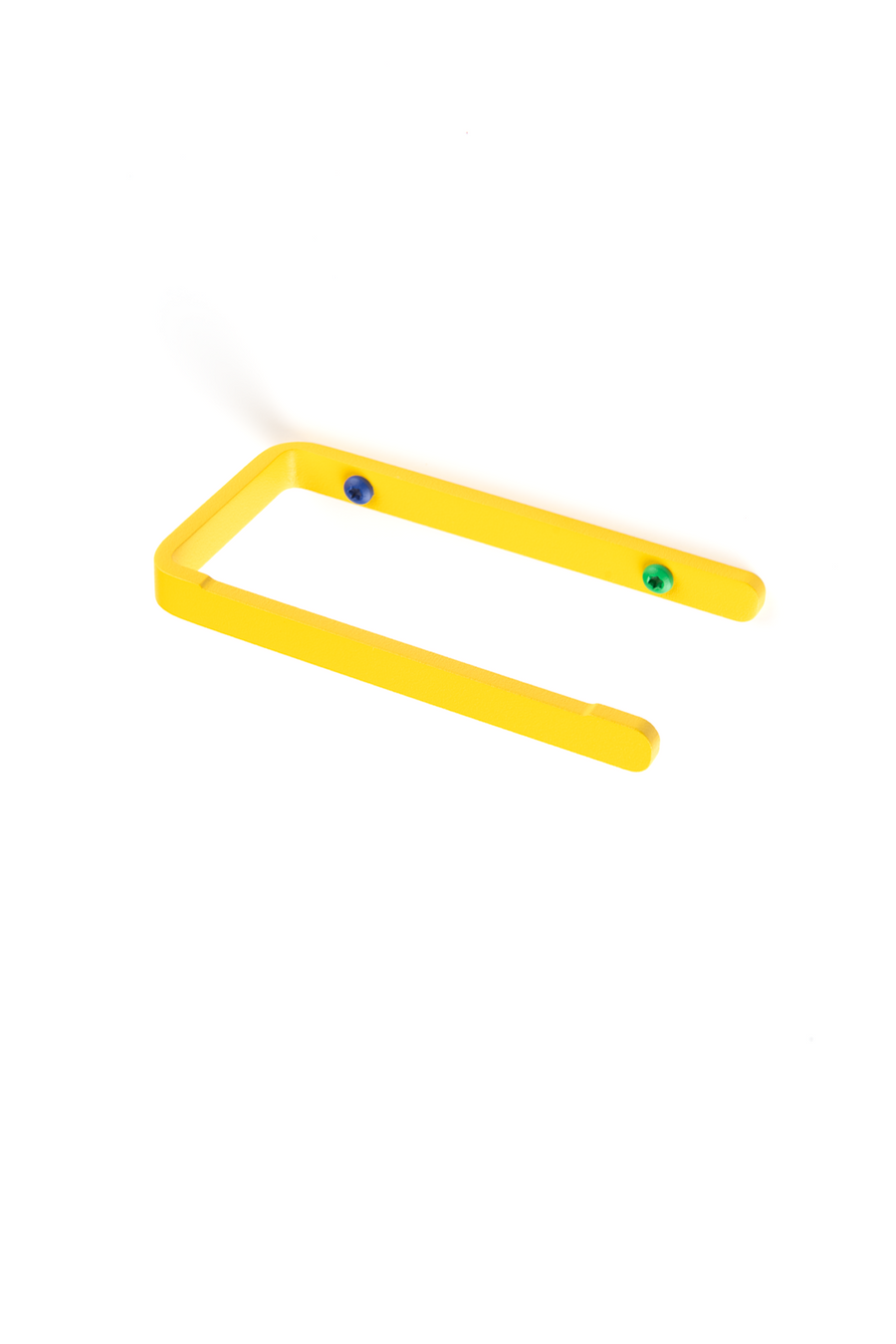 yellow toilet paper holder with a green and a blue screws detail