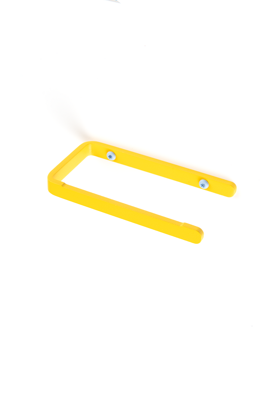 yellow toilet paper holder with light blue screews