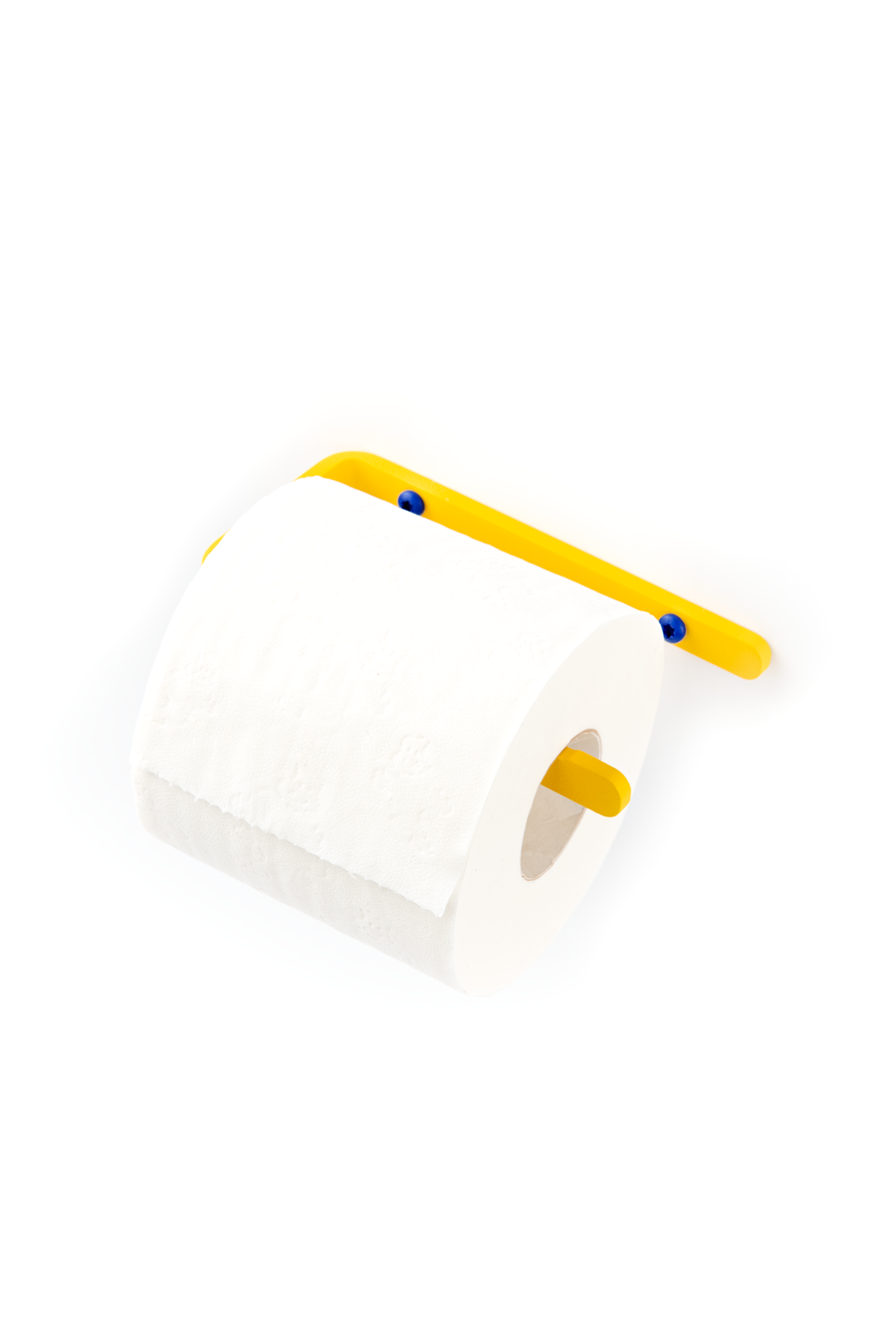 yellow toilet paper holder with marine blue screws