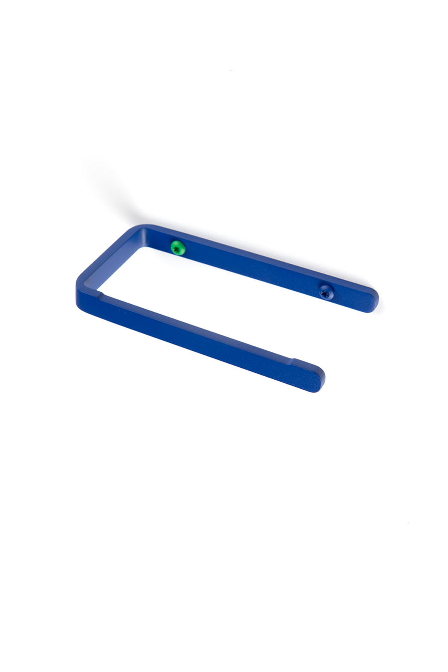 deep blue toilet paper holder with a deep blue and a green screw detail