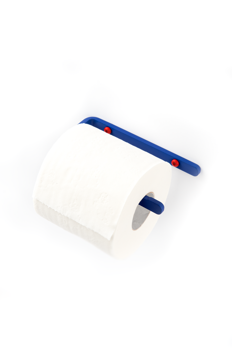 deep blue toilet paper holder with  red screws