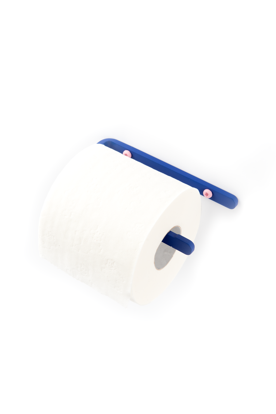 deep blue toilet paper holder with  pink screws