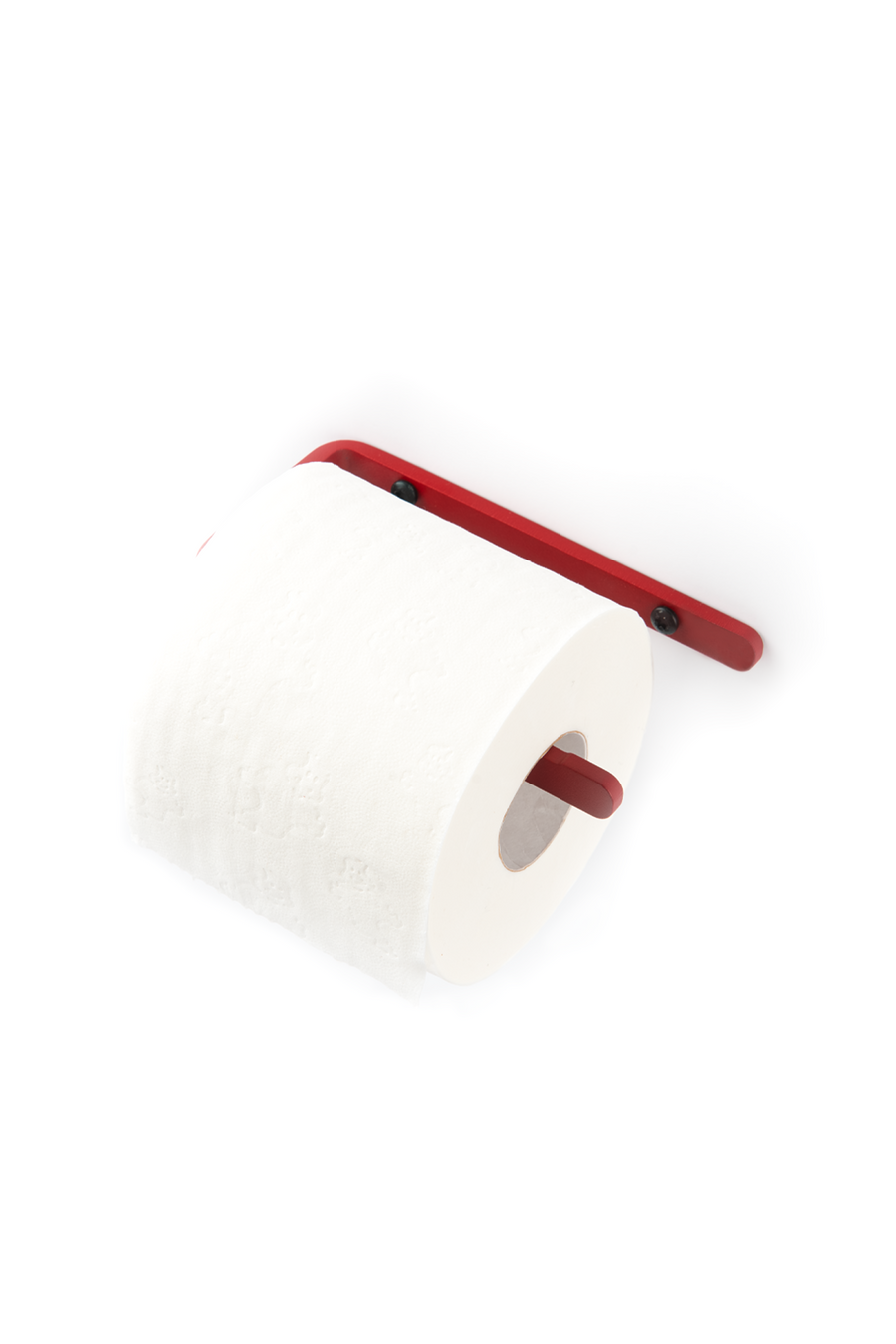 Deep red toilet paper holder with black screws