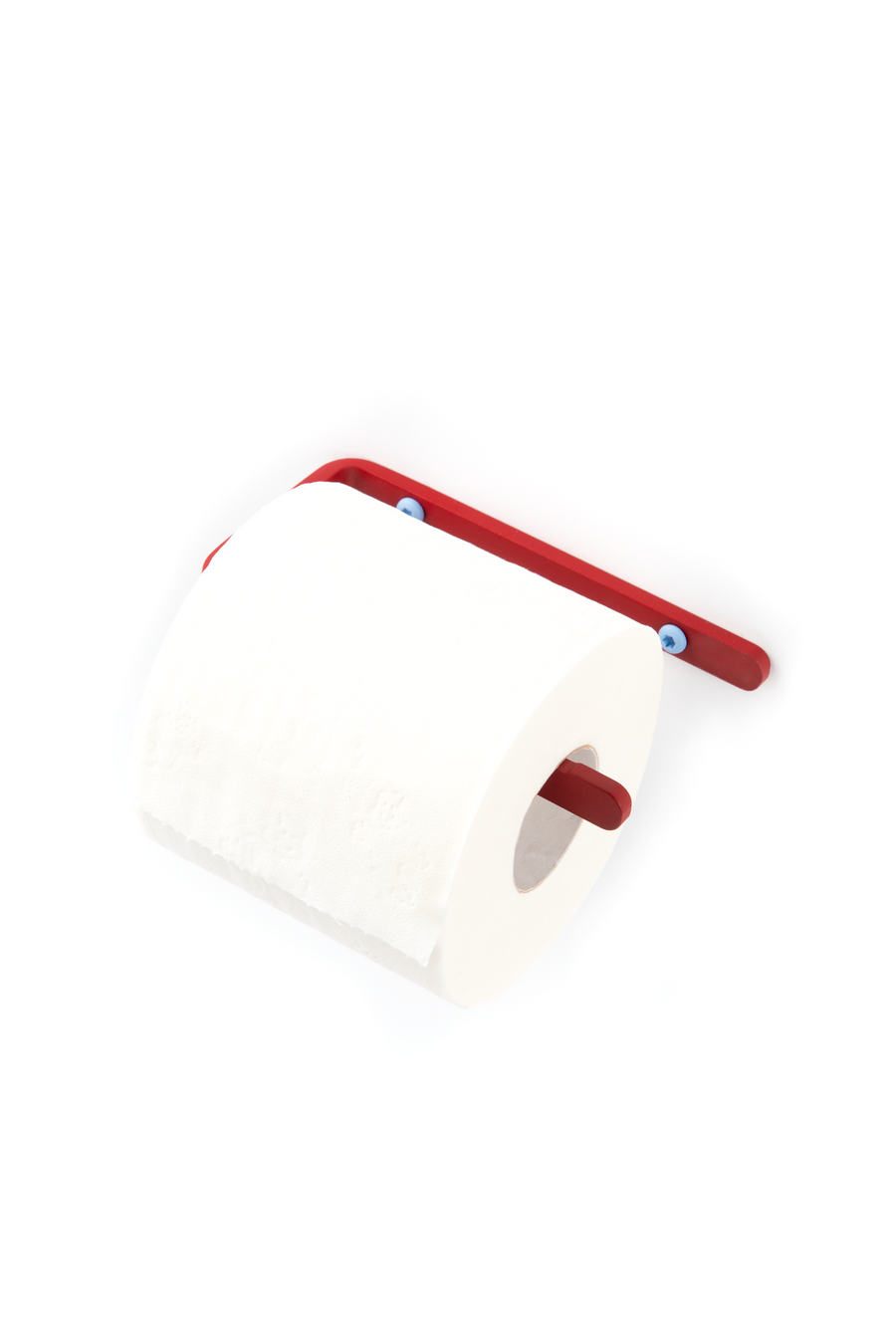 Deep red toilet paper holder with ice blue screws