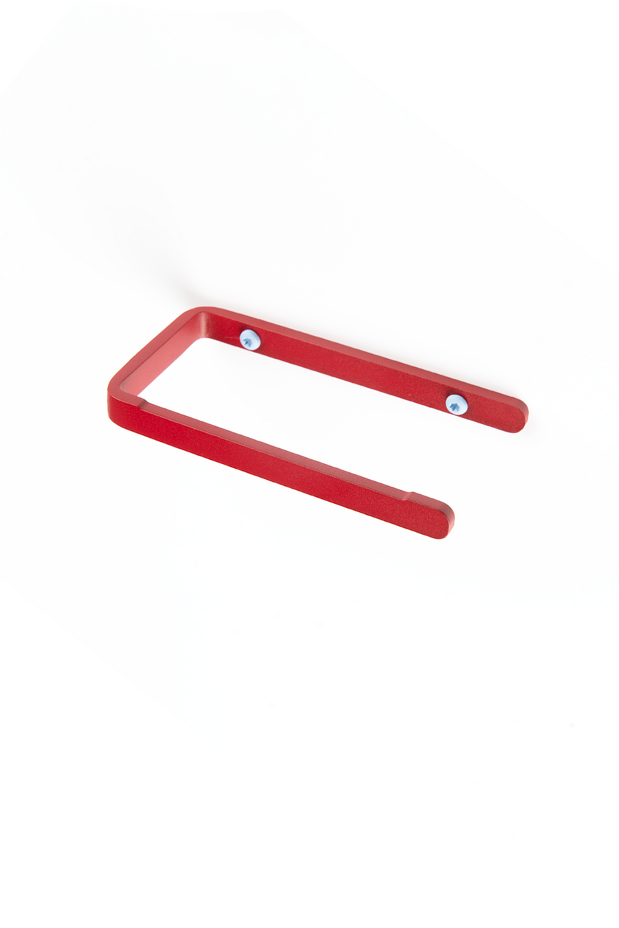 Deep red toilet paper holder with ice blue screws