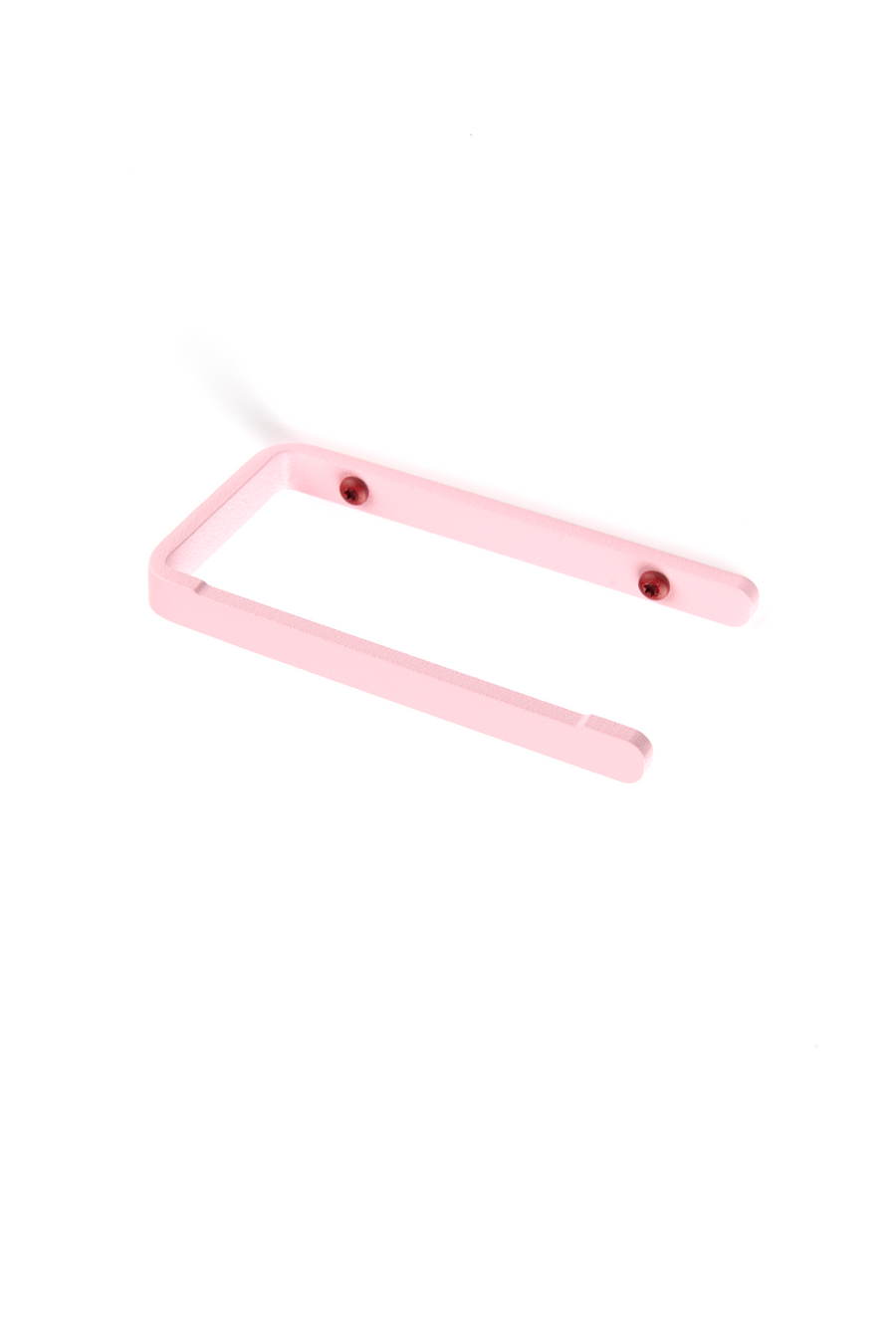 Pink toilet paper holder with deep red screws