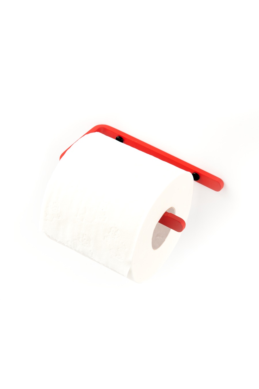 red stainless steel toilet paper holder with black screws