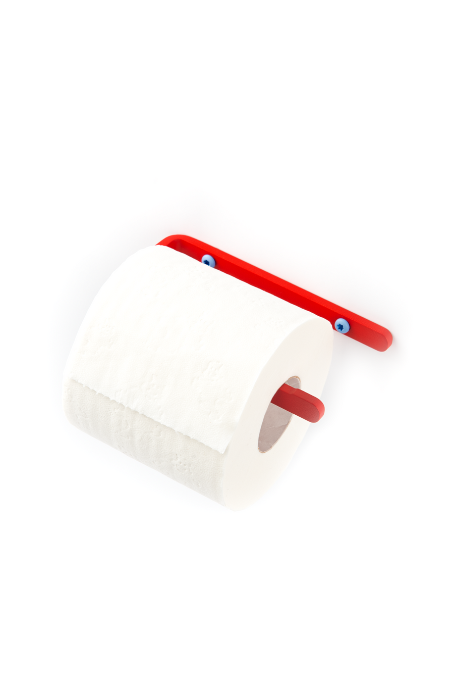 red stainless steel toilet paper holder with light blue screws