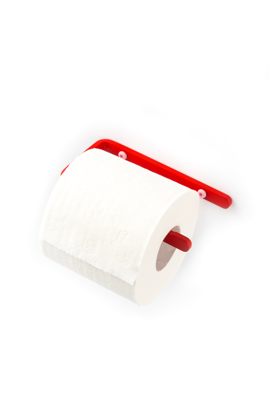 red stainless steel toilet paper holder with pink screws