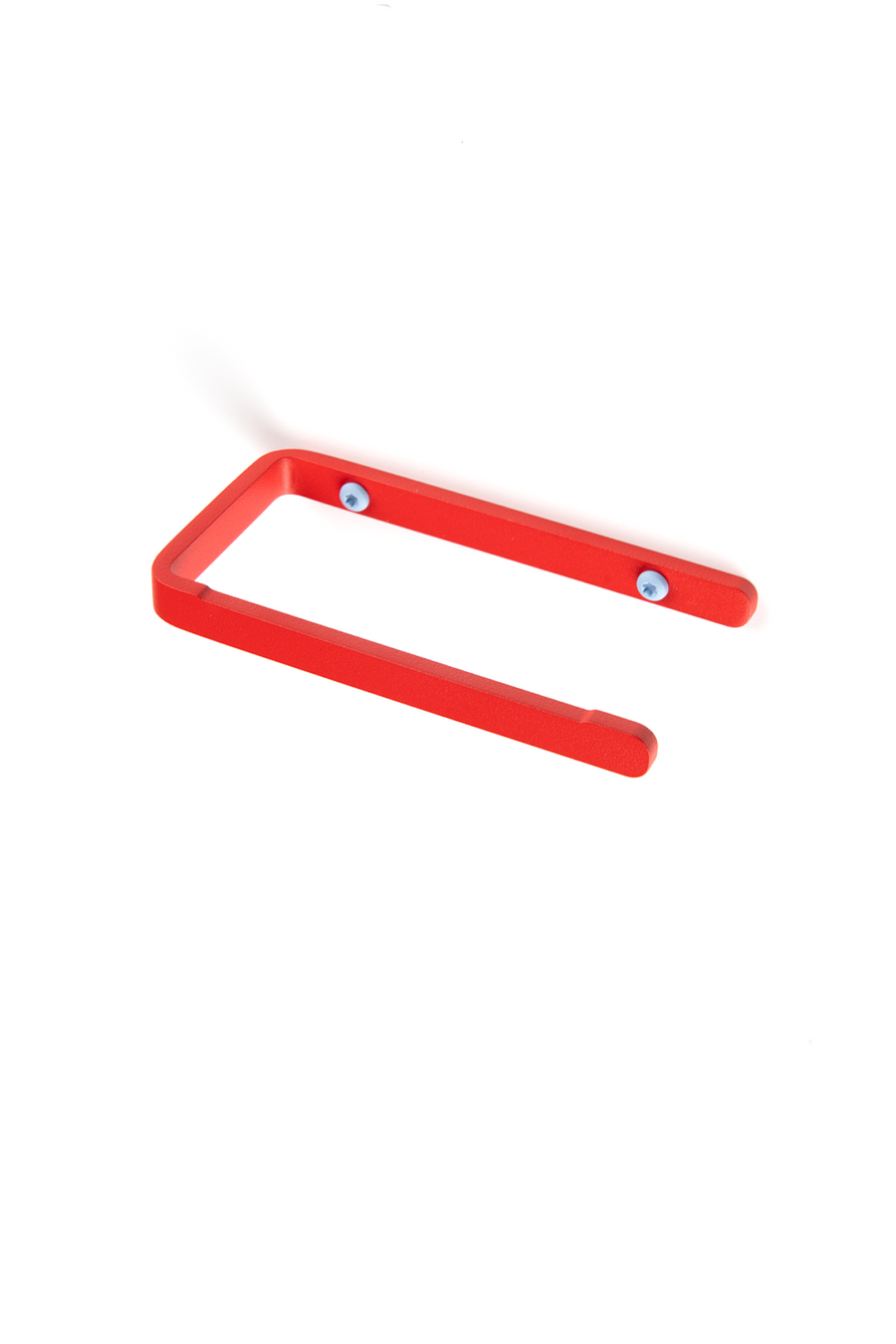 red stainless steel toilet paper holder with light blue screws