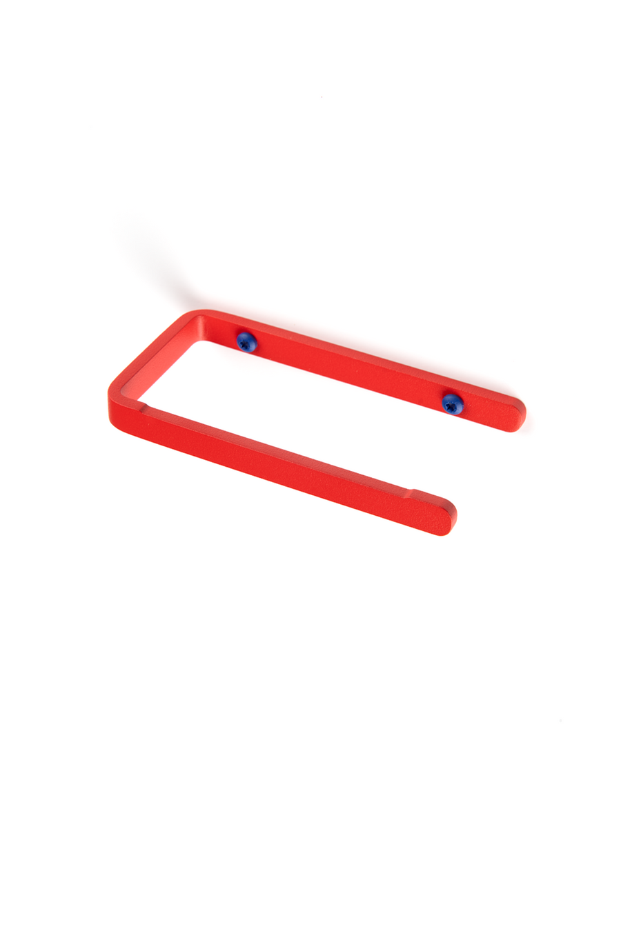 red stainless steel toilet paper holder with deep blue screws
