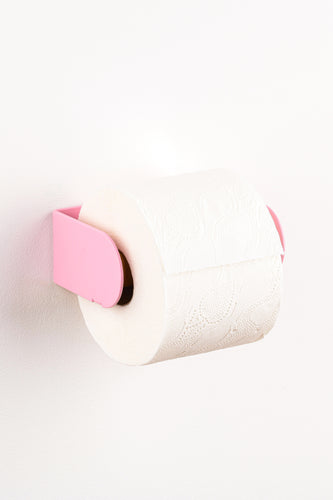 Pink toilet paper holder in sleek minimalist design. Made from powder coated stainless steel and available in multiple colours