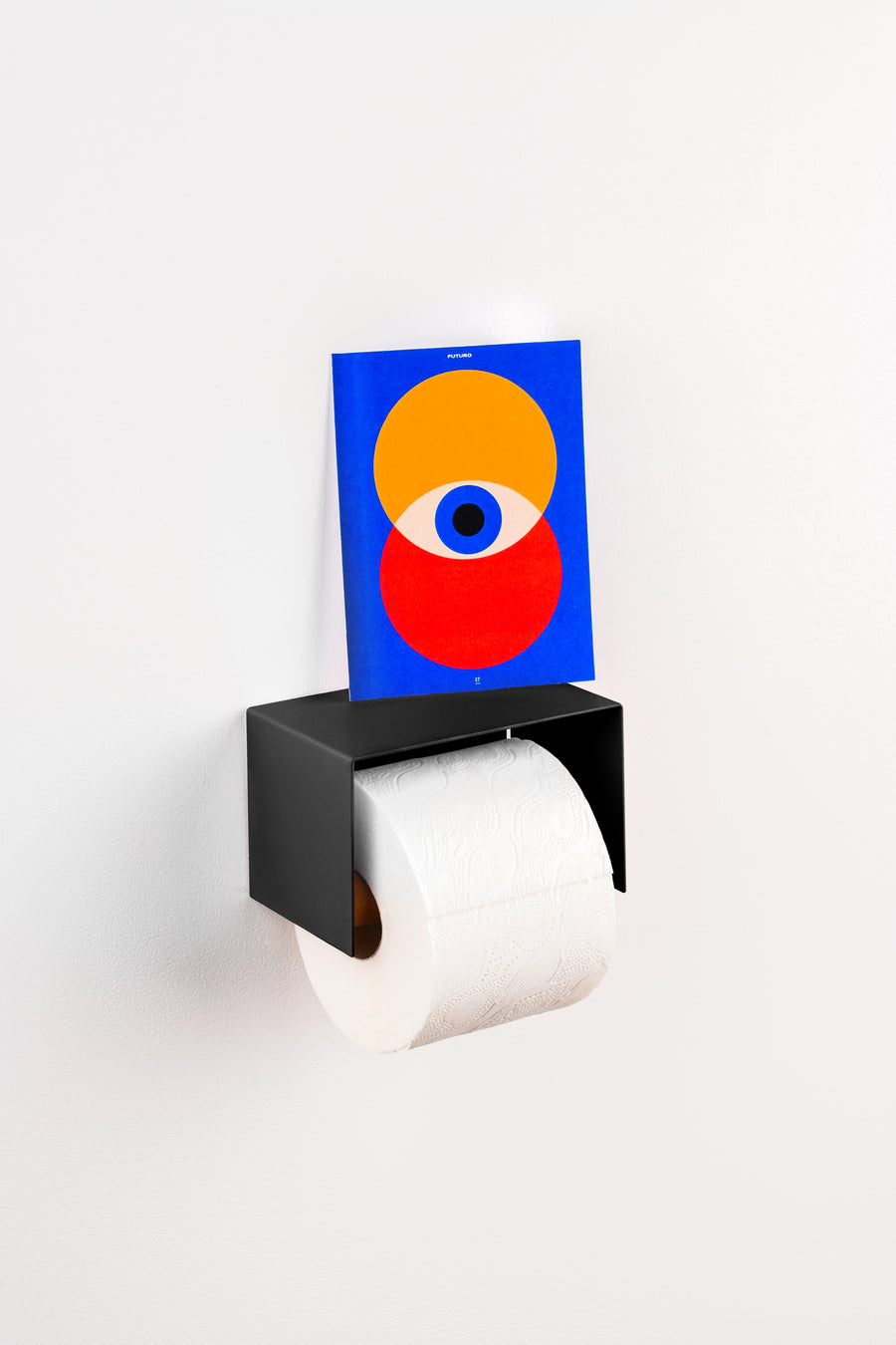 black toilet paper holder, sleek  minimalist design. Made from powder coated stainless steel. black toilet paper holder in nice design where you can put things on top like a phone or candle or some small accessories.  