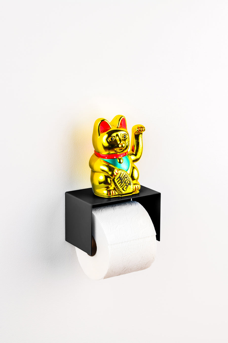 black toilet paper holder, sleek  minimalist design. Made from powder coated stainless steel. black toilet paper holder in nice design where you can put things on top like a phone or candle or some small accessories.  