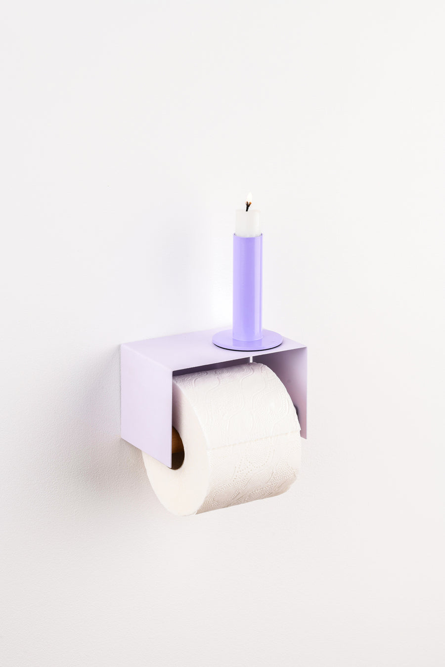 lavender purple toilet paper holder in nice design where you can put things on top like a phone or candle or some small accessories.  