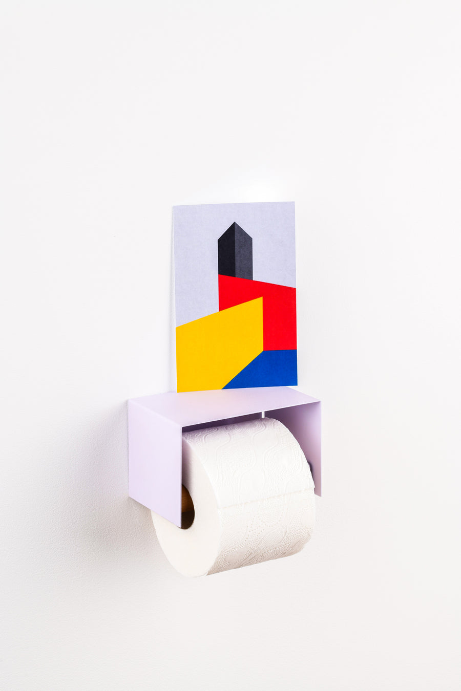 lavender purple toilet paper holder in nice design where you can put things on top like a phone or candle or some small accessories.  With bauhaus post card