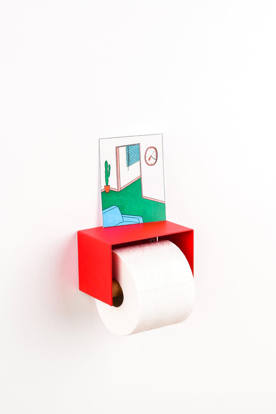 red toilet paper holder in nice design where you can put things on top like a phone or candle or some small accessories
