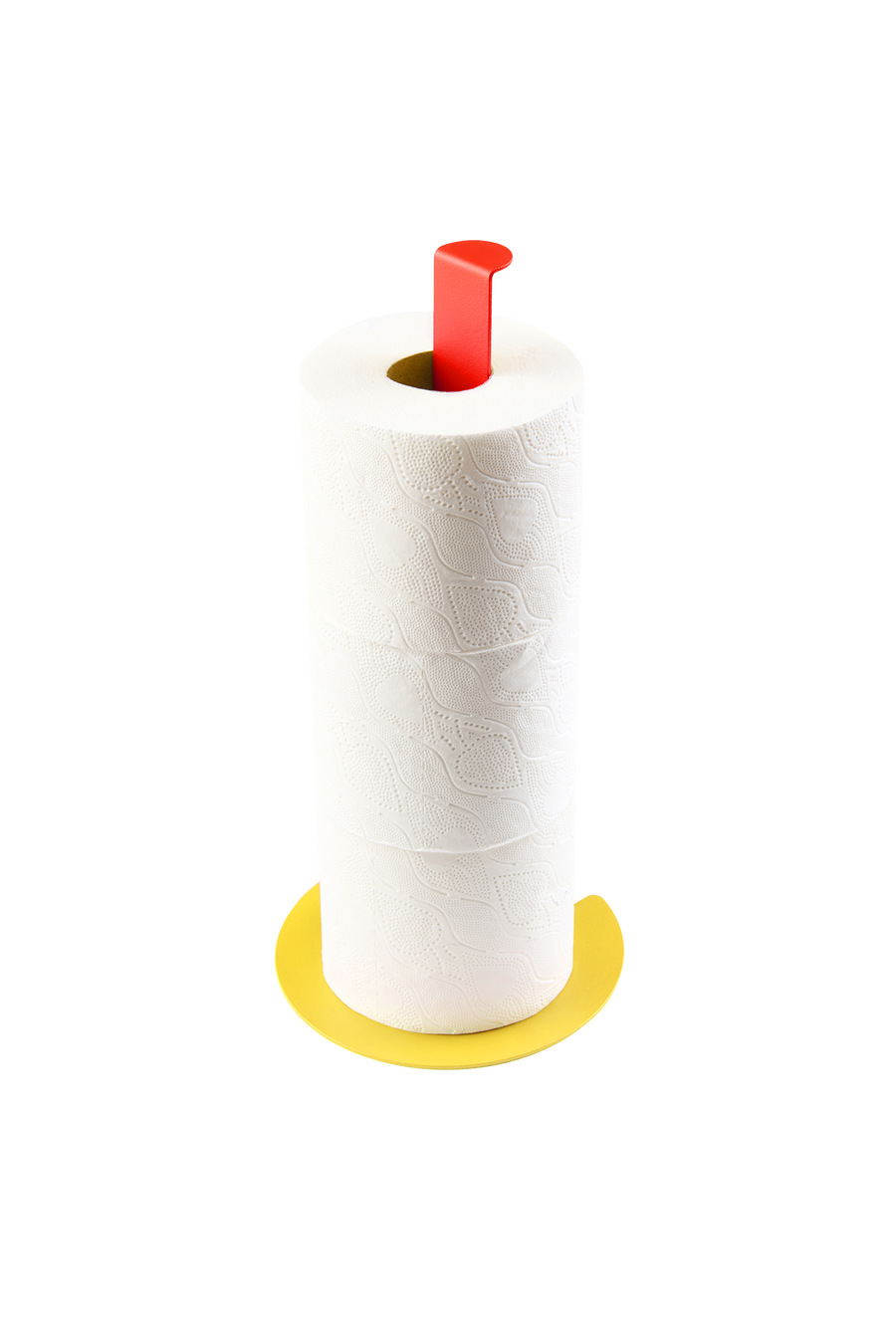 Kitchen paper dispenser or holder for extra toilet rolls in yellow and red combination