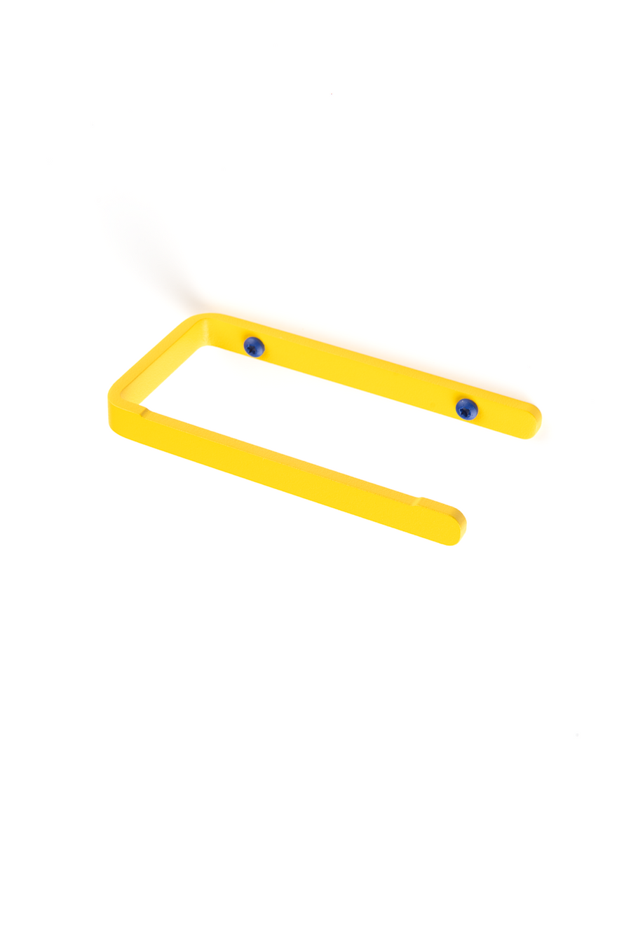 yellow toilet paper holder with blue screws