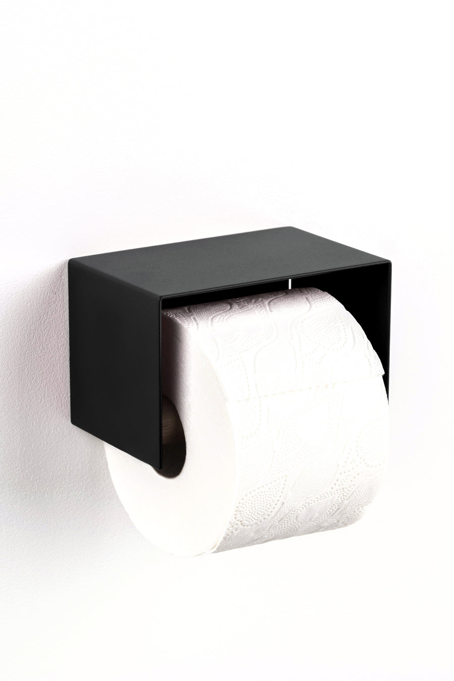 black toilet paper holder, sleek  minimalist design. Made from powder coated stainless steel. black toilet paper holder in nice design where you can put things on top like a phone or candle or some small accessories.  