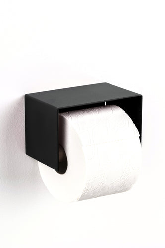 black toilet paper holder, sleek  minimalist design. Made from powder coated stainless steel. black toilet paper holder in nice design where you can put things on top like a phone or candle or some small accessories.  