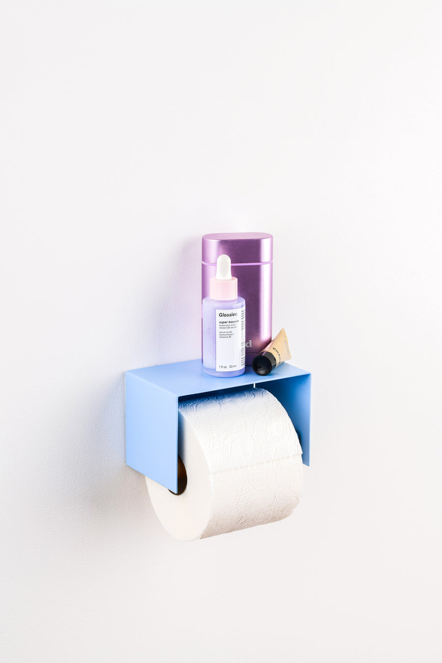 ice blue design toilet paper holder with space to put things on top