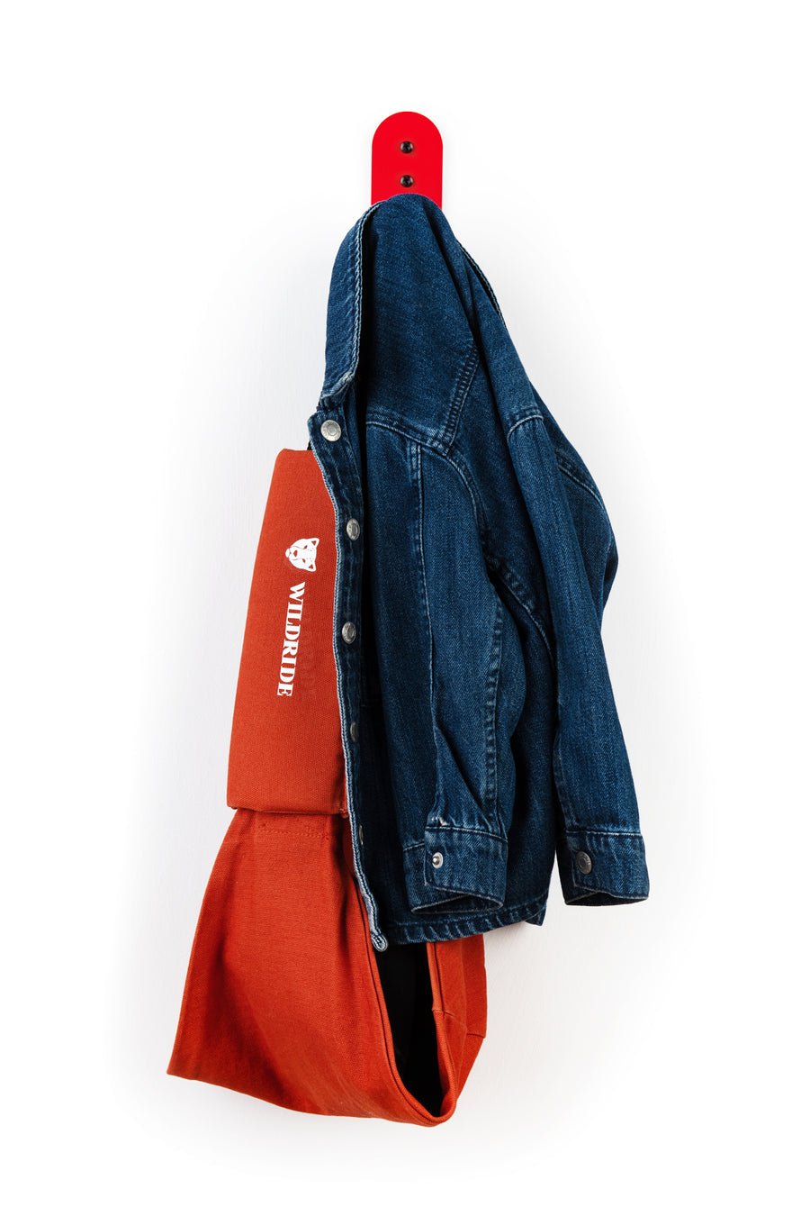red wall hook with kids jacket