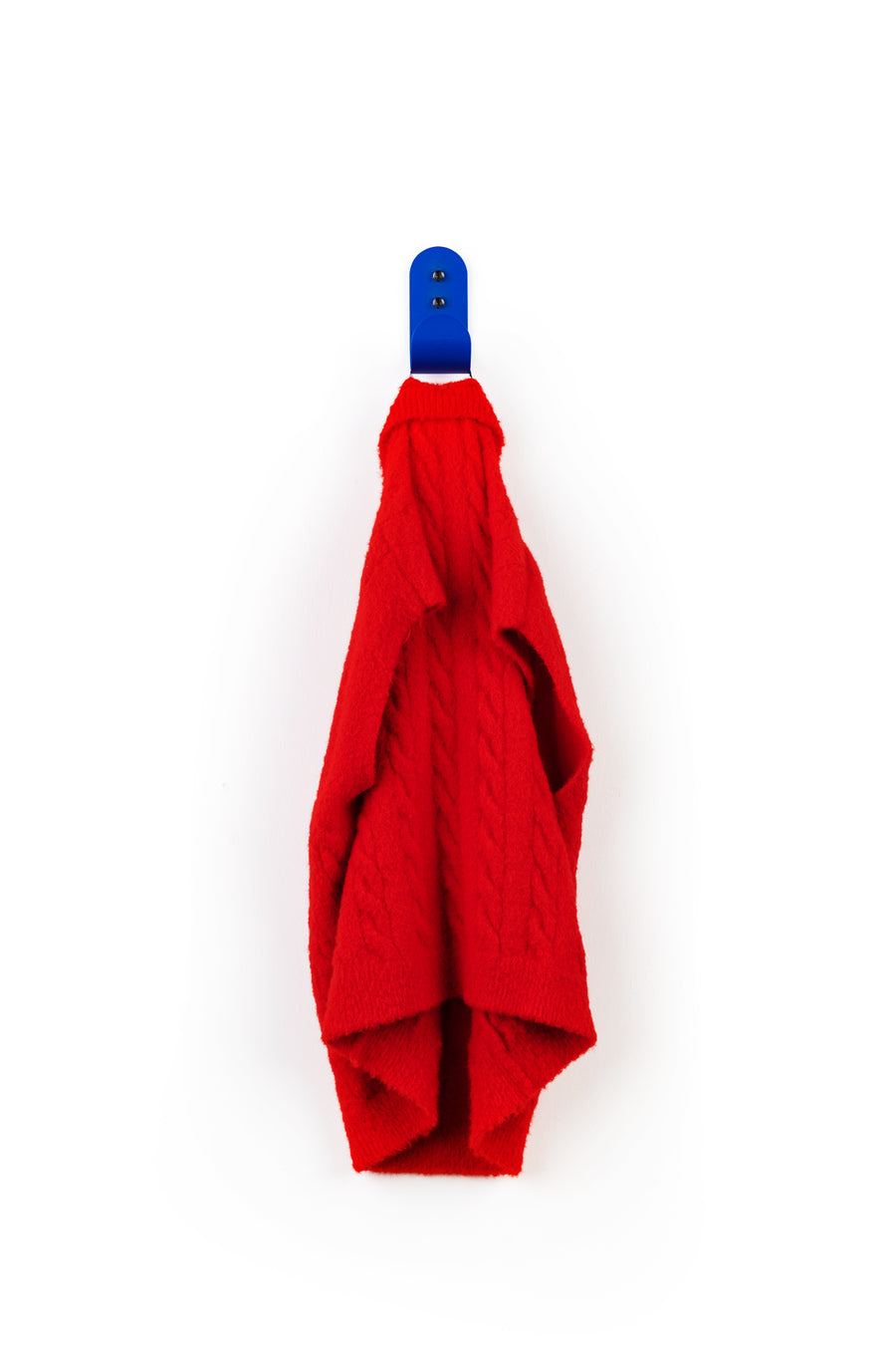 blue wall hook with red sweather
