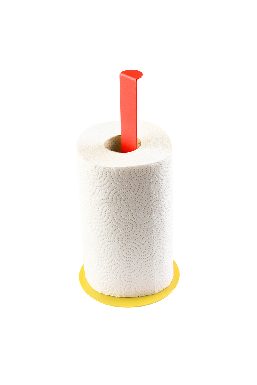 Kitchen paper dispenser or holder for extra toilet rolls in yellow and red combination